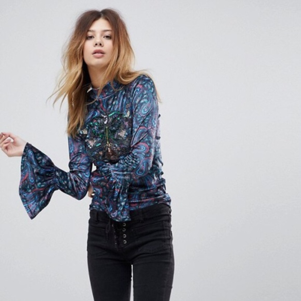 NWT Free People Embellished Front Printed Blouse M